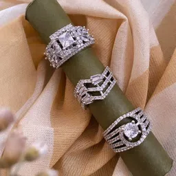 ATIBELLE Set of 3 Cubic Zirconia Stone Studded Adjustable Finger Rings-picture-42