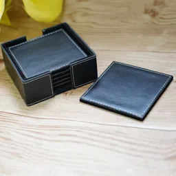 decoworld Black Genuine Buff Leather (Set of 6 ) Coasters With Stand image 3