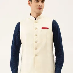 Manyavar Men Cream-Coloured Checked Woven Design Nehru Jacket with Brooch-image-9