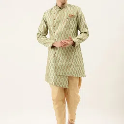 Manyavar Men Green & Golden Woven Design Kurta with Patiala-image-9