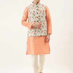 Manu Men Peach-Coloured & Cream-Coloured Solid Kurta with Churidar & Nehru Jacket-image-0