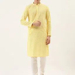 Manyavar Men Yellow & White Chikankari Embroidered Kurta with Churidar-picture-26