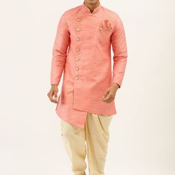 Manyavar Men Peach-Coloured & Beige Self-Design Kurta with Patiala-picture-36