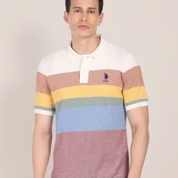 u.s. polo assn. U S Polo Assn Men Rose & Blue Colourblocked Pure cotton Polo Collar Slim Fit T-shirt-picture-35