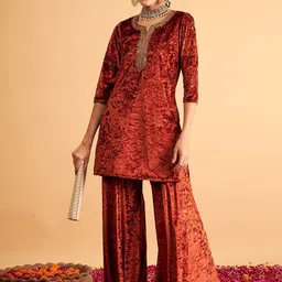 Shae by SASSAFRAS Thread Work Velvet Kurta With Palazzos-picture-28