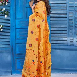 Ariya Prints Floral Woven Design Zari Pure Linen Kanjeevaram Saree-picture-13
