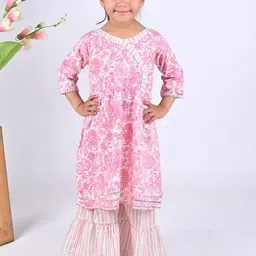 Maaikid Girls Floral Printed Angrakha Gotta Patti Pure Cotton Kurta with Sharara-picture-21
