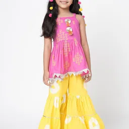 LIL DRAMA Girls Pink Floral Embroidered Regular Thread Work Pure Cotton Kurta With Sharara-picture-56