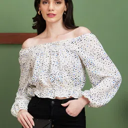 Globus White Floral Print Off-Shoulder Bardot Top-image-56