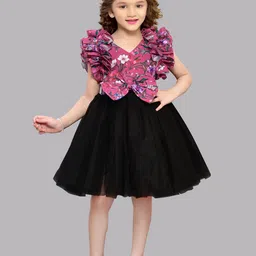 Pink Chick Girls Floral Print Puff Sleeves Net Fit & Flare Dress-picture-34