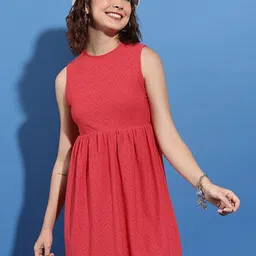 Tokyo Talkies Red Self Design Schifli Fit & Flare Dress-picture-54