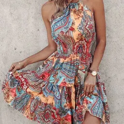 StyleCast Ethnic Motif Print Tie up Neck Sleeveless Fit & Flare Dress-picture-37