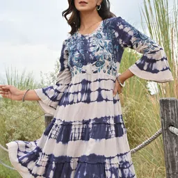 Zolo Label Tie-Dyed Embroidered Bell Sleeves Fit & Flare Ethnic Dress image 1