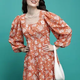 Tokyo Talkies Rust Floral Print Flared Sleeve Fit & Flare Dress-picture-31