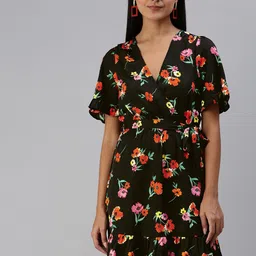 EVERYDAY by ANI Black & Orange Floral Printed V-Neck Flared Sleeve Gathered Tiered A-line Dress-picture-2