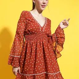 Oxolloxo Polka Dot Printed V-Neck Long Sleeve Dress-image-63