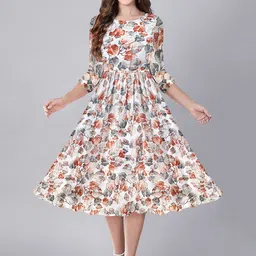 BAESD Floral Printed Round Neck Puff Sleeve Georgette Fit & Flare Midi Dress-picture-49