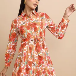 Tokyo Talkies Floral Printed Cuffed Sleeve Gathered Fit & Flare Dress-picture-5
