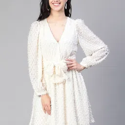 Oxolloxo Self Design Tasselled & Knot Detail Puff Sleeves Dobby Fit & Flare Dress-picture-15