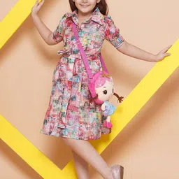 BAESD Girls Shirt Collar Floral Printed Fit & Flare Dress-image-1