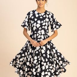 Moomaya Abstract Printed Round Neck Bell Sleeves Fit & Flare Knee Length Dress-picture-12