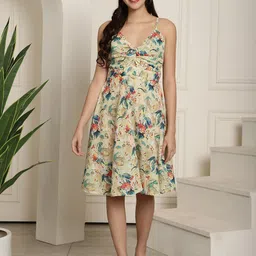 Aawari Floral Printed Shoulder Straps Gathered Cotton A-Line Dress-picture-19