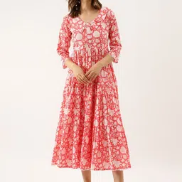 KALINI Floral Print Above the Keyboard Collar Gather Tiered Cotton Fit & Flare Midi Dress image 1