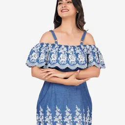 SUMAVI-FASHION Floral Embroidered Shoulder Straps Organic Cotton Denim A-Line Mini Dress-image-10