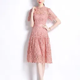 JC Collection Self Design Round Neck Short Sleeves Schiffli Cut-Out Fit & Flare Dress-image-5