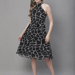 MINI & MING Print Halter Neck Georgette Fit & Flare Dress-picture-22
