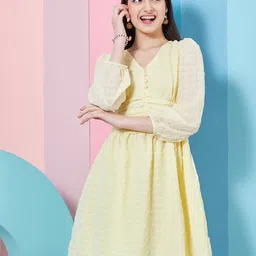 pspeaches Self Design Puff Sleeve Georgette Fit & Flare Dress image 1