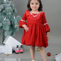 BAESD Girls Bell Sleeves Gathered Detailed Pure Velvet Fit & Flare Dress-picture-38