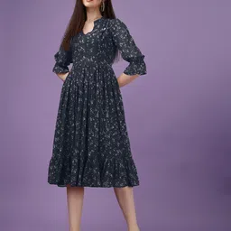 KALINI Floral Printed Puff Sleeves Mandarin Collar Ruffled Fit & Flare Midi Dress-picture-14