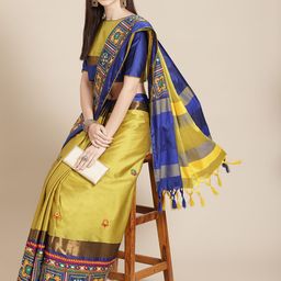 Mitera Yellow & Blue Ethnic Motifs Embroidered Silk Cotton Chanderi Saree-picture-5