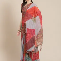 Mitera Grey & Red Ethnic Print Sequinned Saree-picture-18