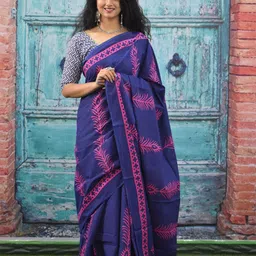 TROPWEAR Ethnic Motifs Pure Cotton Block Print Saree-picture-35