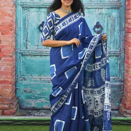 TROPWEAR Geometric Mulmul Cotton Block Print Saree-picture-39