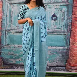 TROPWEAR Ethnic Motifs Block Printed Mulmul Cotton Saree-picture-31