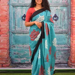 TROPWEAR Floral Printed Mulmul Cotton Block Print Saree-image-16