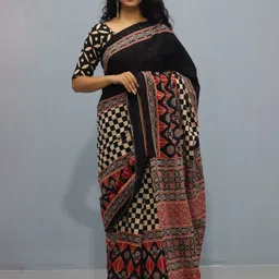 TROPWEAR Checked Mulmul Cotton Block Print Saree-picture-35