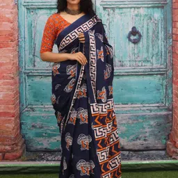 TROPWEAR Ethnic Motifs Pure Cotton Block Print Saree-picture-23