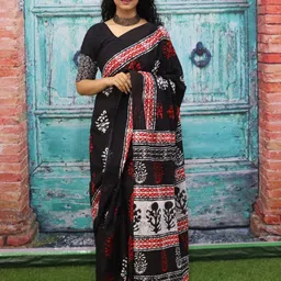 TROPWEAR Ethnic Motifs Printed Mulmul  Cotton Block Print Saree-picture-22