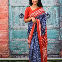 TROPWEAR Geometric Block Printed Mulmul Cotton Saree-image-9