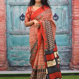 TROPWEAR Ethnic Motifs Mulmul Cotton Block Print Saree-picture-12