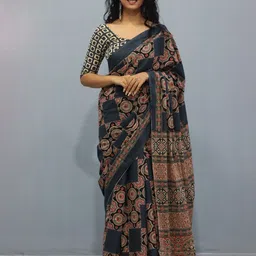 TROPWEAR Ethnic Motifs Pure Cotton Block Print Saree-picture-24