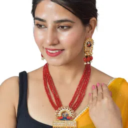 ROHINIKA Gold-Plated Red & White Kundan Studded & Beaded Meenakari Jewellery Set-picture-42