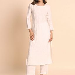 HERE&NOW Floral Embroidered Round Neck Chikankari Regular Kurta-picture-43