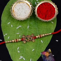 Silver Shine Set Of 2 Krishna & Om Charm Rakhi With Roli Chawal And 1 Greeting Card-picture-32