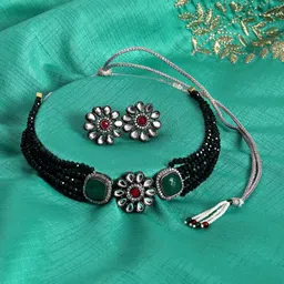 ROHINIKA Gold-Plated Green AD-Studded  Handcrafted Choker Earrings Jewelry Set-picture-27
