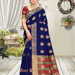 Mitera Navy Blue & Red Woven Design Zari Banarasi Saree-image-33